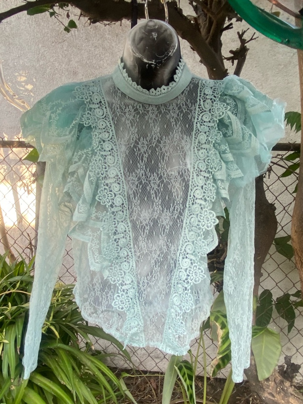 Haute Monde Mint Sheer Lace Ruffle Blouse